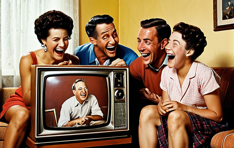 **A group of adults in their 30s laughing and reminiscing over Barbaman episodes on a vintage TV. Warm, nostalgic lighting. Focus on the shared joy and childhood memories. Style of a Norman Rockwell painting with a modern, slightly ironic twist.**
