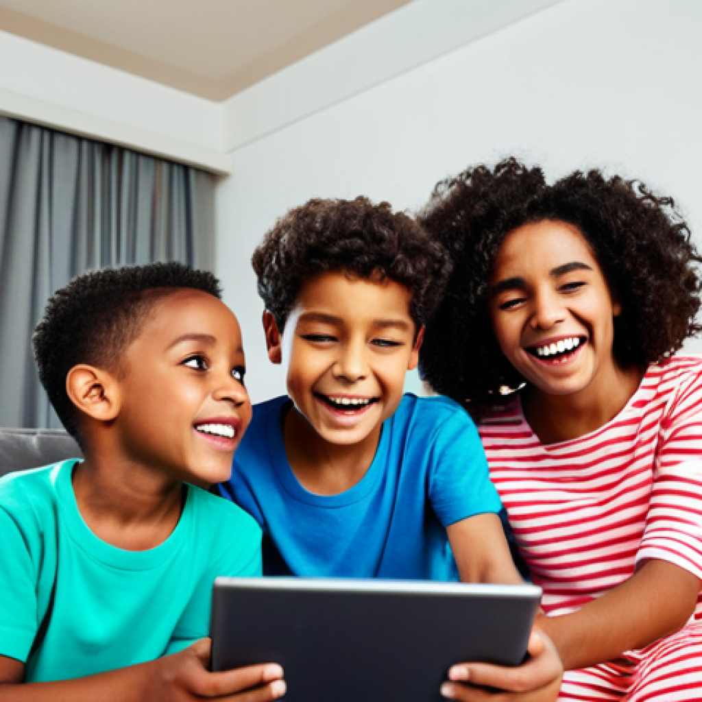 A diverse group of happy children, fully clothed in comfortable, modest, age-appropriate attire, are engaged in joyful learning. They are gathered around a tablet or a smart TV in a brightly lit, modern living room, watching a vibrant, colorful educational animation. Their faces reflect curiosity and excitement, with natural expressions and perfect anatomy. The scene emphasizes interactive play and imagination, showing well-formed hands as they might point or gesture towards the screen. This is a family-friendly, appropriate content, safe for work, professional photography, high quality, natural body proportions, proper finger count.