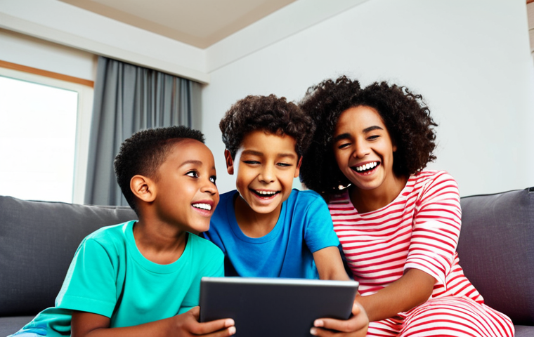 A diverse group of happy children, fully clothed in comfortable, modest, age-appropriate attire, are engaged in joyful learning. They are gathered around a tablet or a smart TV in a brightly lit, modern living room, watching a vibrant, colorful educational animation. Their faces reflect curiosity and excitement, with natural expressions and perfect anatomy. The scene emphasizes interactive play and imagination, showing well-formed hands as they might point or gesture towards the screen. This is a family-friendly, appropriate content, safe for work, professional photography, high quality, natural body proportions, proper finger count.