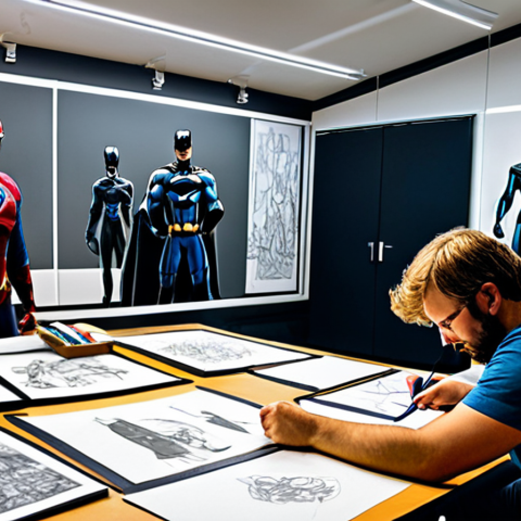**
A bustling creative studio, filled with artists sketching and collaborating on superhero designs. Storyboards and concept art cover the walls. In the foreground, a designer is working on a 3D model of a character. The scene should depict a vibrant and imaginative atmosphere. Fully clothed artists in appropriate attire, perfect anatomy, correct proportions, natural poses. Safe for work, appropriate content, family-friendly, professional environment.
**