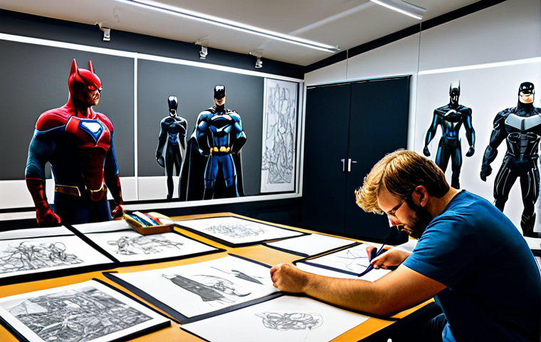 **

A bustling creative studio, filled with artists sketching and collaborating on superhero designs. Storyboards and concept art cover the walls. In the foreground, a designer is working on a 3D model of a character. The scene should depict a vibrant and imaginative atmosphere. Fully clothed artists in appropriate attire, perfect anatomy, correct proportions, natural poses. Safe for work, appropriate content, family-friendly, professional environment.

**