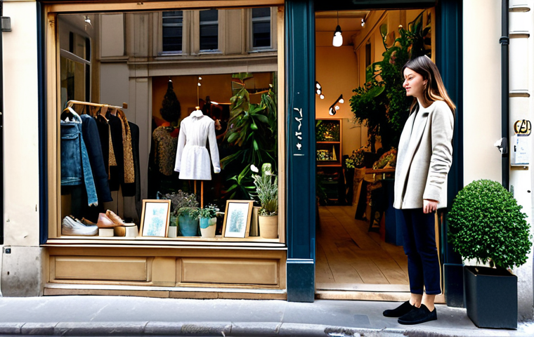 Sustainable Fashion in Paris**

"A young woman, fully clothed in a stylish, modest outfit made from recycled materials, is browsing a small boutique showcasing "slow fashion" in Le Marais, Paris. Natural light, warm and inviting atmosphere, plants decorating the storefront. Safe for work, appropriate content, professional photography, perfect anatomy, natural proportions, modest clothing, well-formed hands, family-friendly."

**