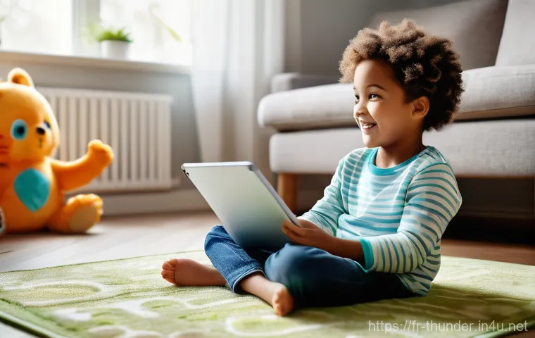 번개맨 무료 시청 방법 - **A joyful child engaged with safe digital content:** A brightly lit, cozy living room. A happy, wel...