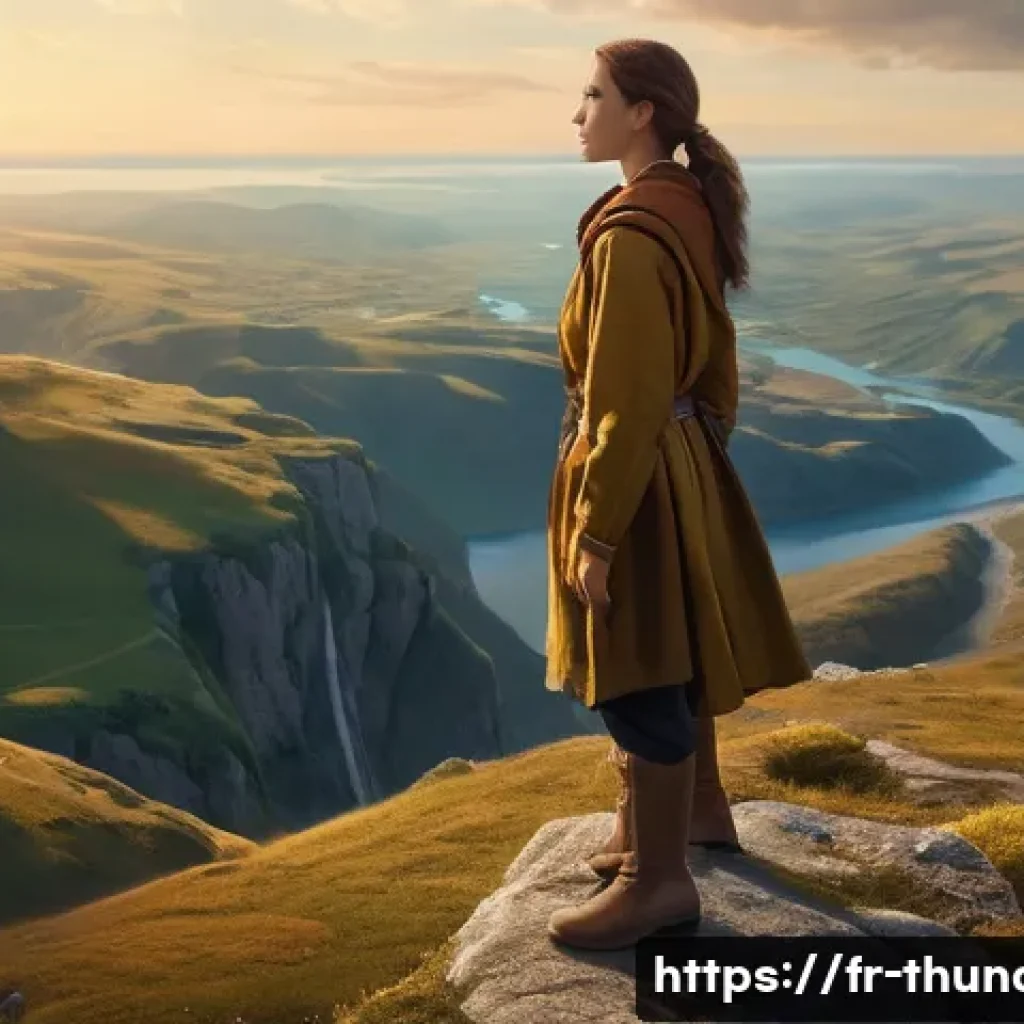 번개맨 스토리 전개 방식 - A young woman, once timid, stands resolute at the precipice of a vast, stylized landscape, a symbol ...