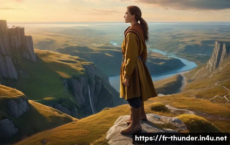 번개맨 스토리 전개 방식 - A young woman, once timid, stands resolute at the precipice of a vast, stylized landscape, a symbol ...