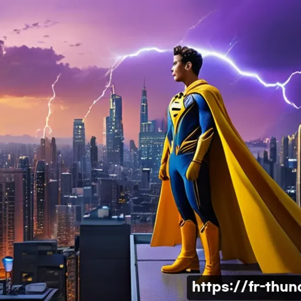 번개맨과 유사한 캐릭터 - A vibrant futuristic cityscape at dusk, featuring a heroic figure named Super Lumi&egrave;re standing confi...