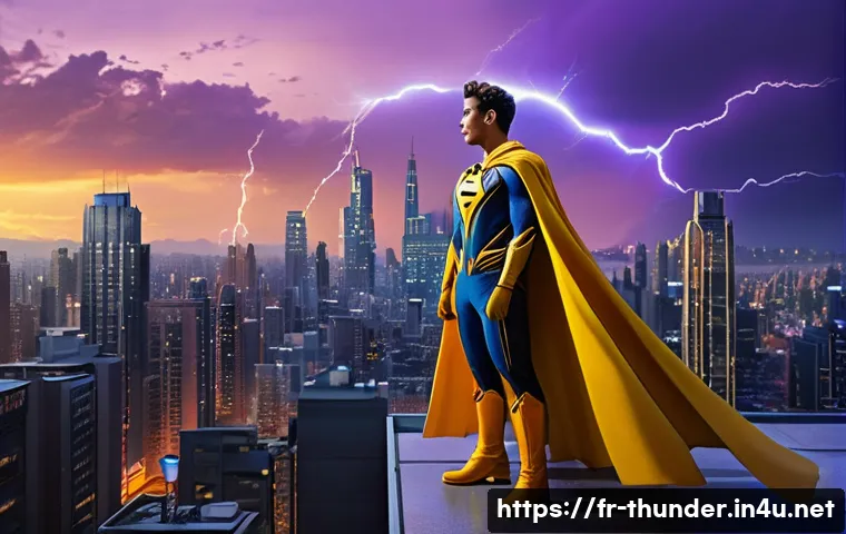 번개맨과 유사한 캐릭터 - A vibrant futuristic cityscape at dusk, featuring a heroic figure named Super Lumi&egrave;re standing confi...