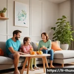 번개맨 방영 시간대 - A cozy French family living room scene during the afternoon, with parents and two young children com...