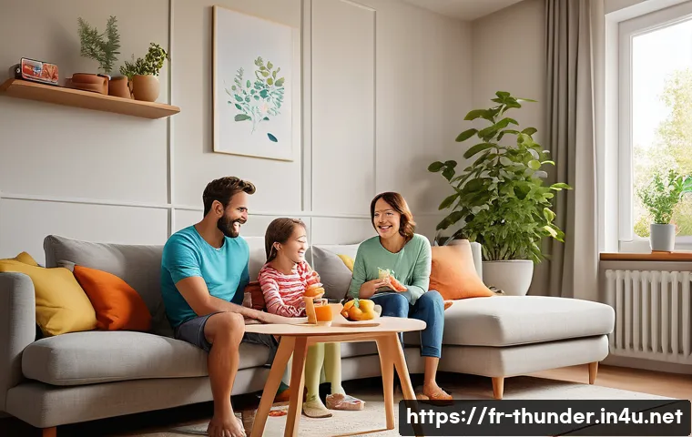 번개맨 방영 시간대 - A cozy French family living room scene during the afternoon, with parents and two young children com...
