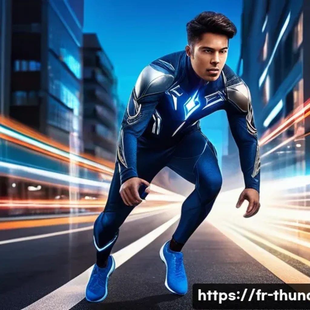 번개맨 히어로로서의 역할 - A dynamic superhero named 번개맨 sprinting through a modern Parisian cityscape at dusk, his ultra-light...