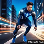 번개맨 히어로로서의 역할 - A dynamic superhero named 번개맨 sprinting through a modern Parisian cityscape at dusk, his ultra-light...