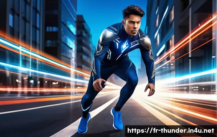 번개맨 히어로로서의 역할 - A dynamic superhero named 번개맨 sprinting through a modern Parisian cityscape at dusk, his ultra-light...