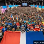 번개맨 팬들의 반응 - A vibrant scene at a Thunder Man fan convention in Paris, capturing a diverse crowd of fans spanning...