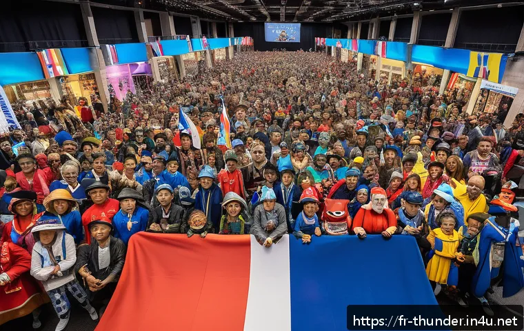 번개맨 팬들의 반응 - A vibrant scene at a Thunder Man fan convention in Paris, capturing a diverse crowd of fans spanning...
