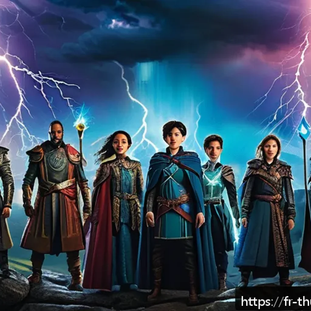 번개맨 역할극 - A vibrant fantasy scene depicting a group of diverse heroes, including children and adults, standing...