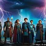 번개맨 역할극 - A vibrant fantasy scene depicting a group of diverse heroes, including children and adults, standing...