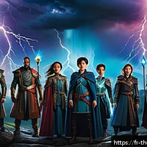번개맨 역할극 - A vibrant fantasy scene depicting a group of diverse heroes, including children and adults, standing...