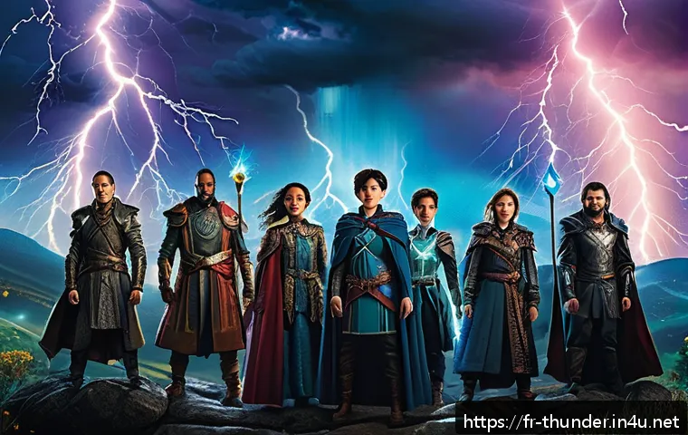 번개맨 역할극 - A vibrant fantasy scene depicting a group of diverse heroes, including children and adults, standing...