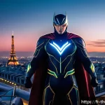 번개맨 영화화 가능성 - A sophisticated hybrid superhero named Boltman standing confidently on a futuristic Paris rooftop at...