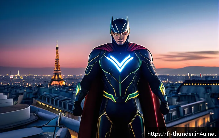 번개맨 영화화 가능성 - A sophisticated hybrid superhero named Boltman standing confidently on a futuristic Paris rooftop at...