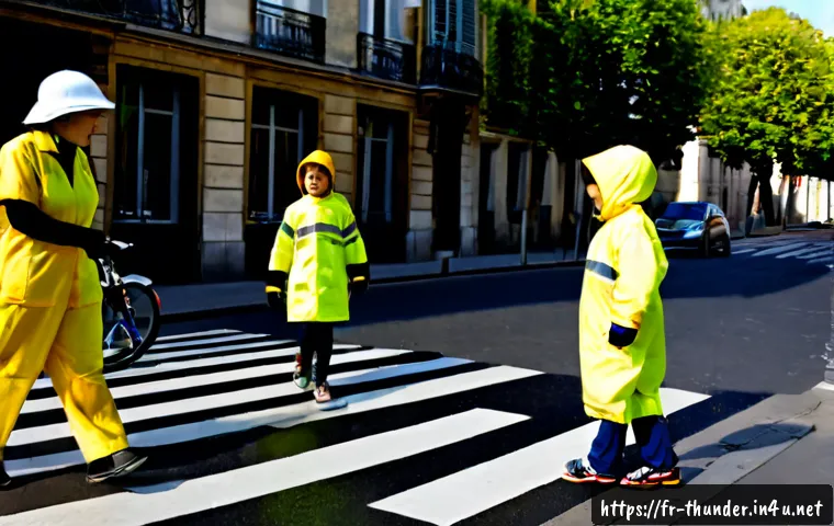 번개맨과 어린이 보호 - Photorealistic French primary school crossing scene, a friendly fictional lightning-themed safety he...